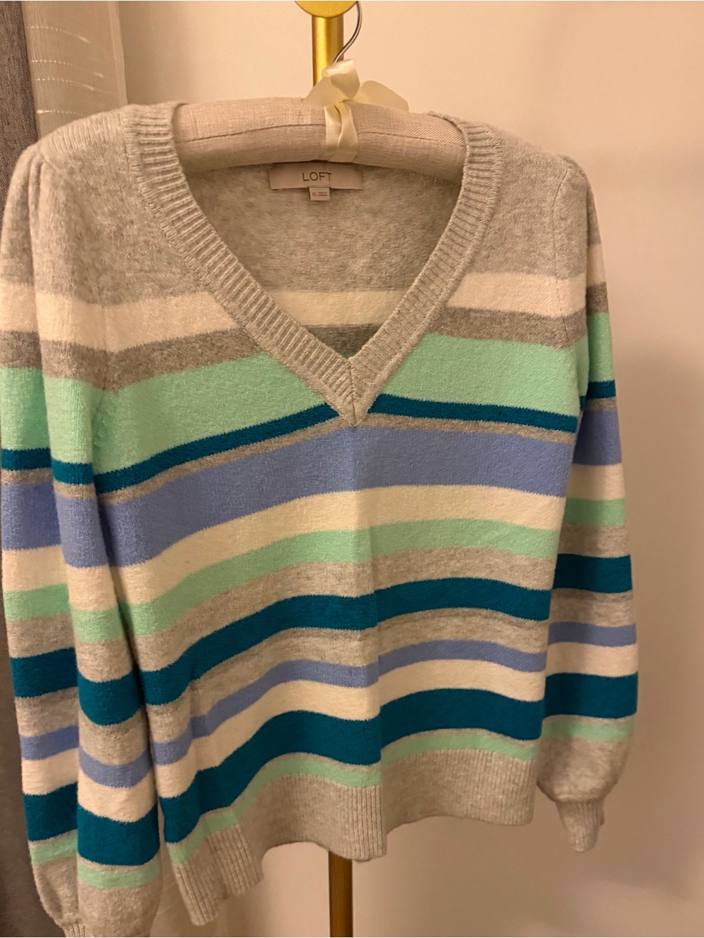 LOFT Striped V-Neck Sweater in Mint, Teal, Blue and Gray